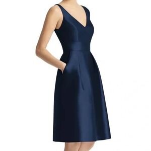 ALFRED SUNG MIDNIGHT BLUE V- NECK SATIN COCKTAIL DRESS SIZE 8‎ NWT